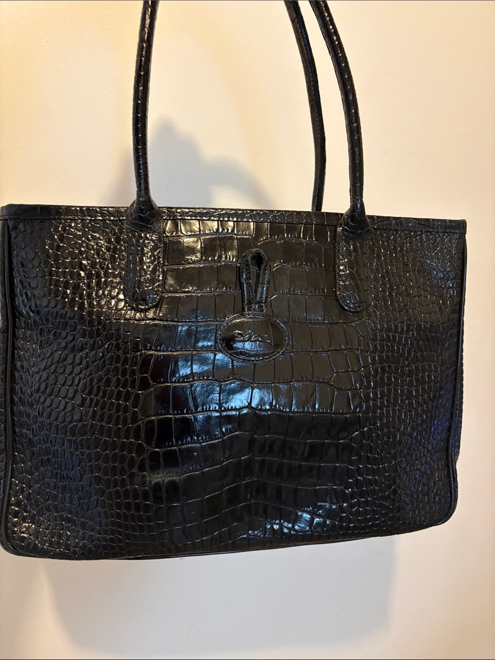 Longchamp Black Roseau Croc-Embossed Tote
